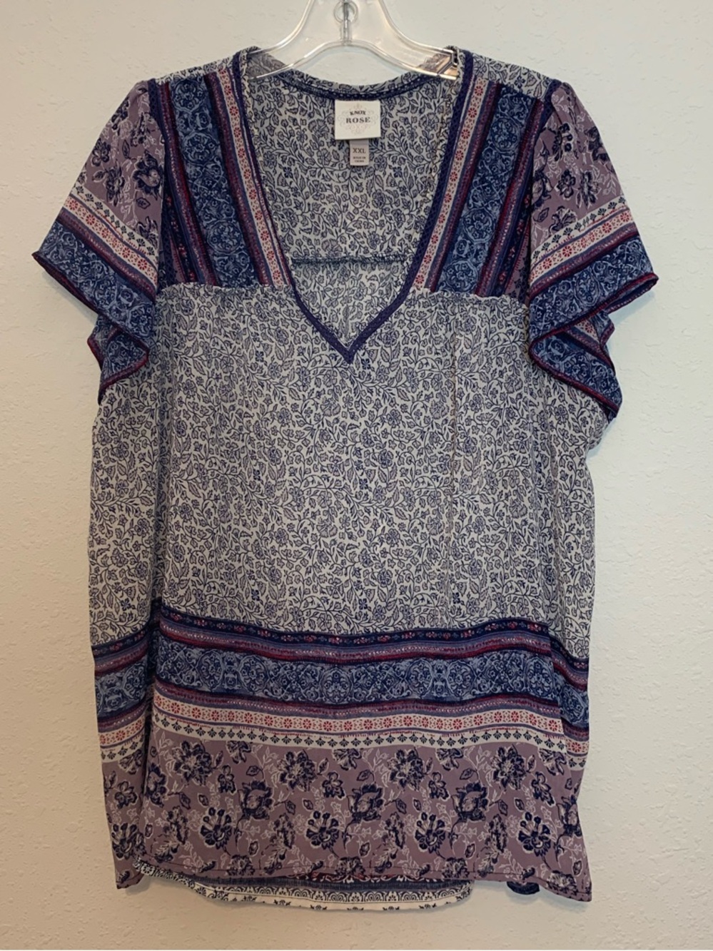 Knox Rose Blue and Lavender Floral V-Neck Tunic XXL